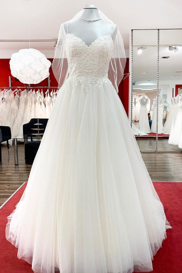 Gorgeous Spaghetti Straps Tulle Ivory Lace Wedding Dresses - Fashionpara
