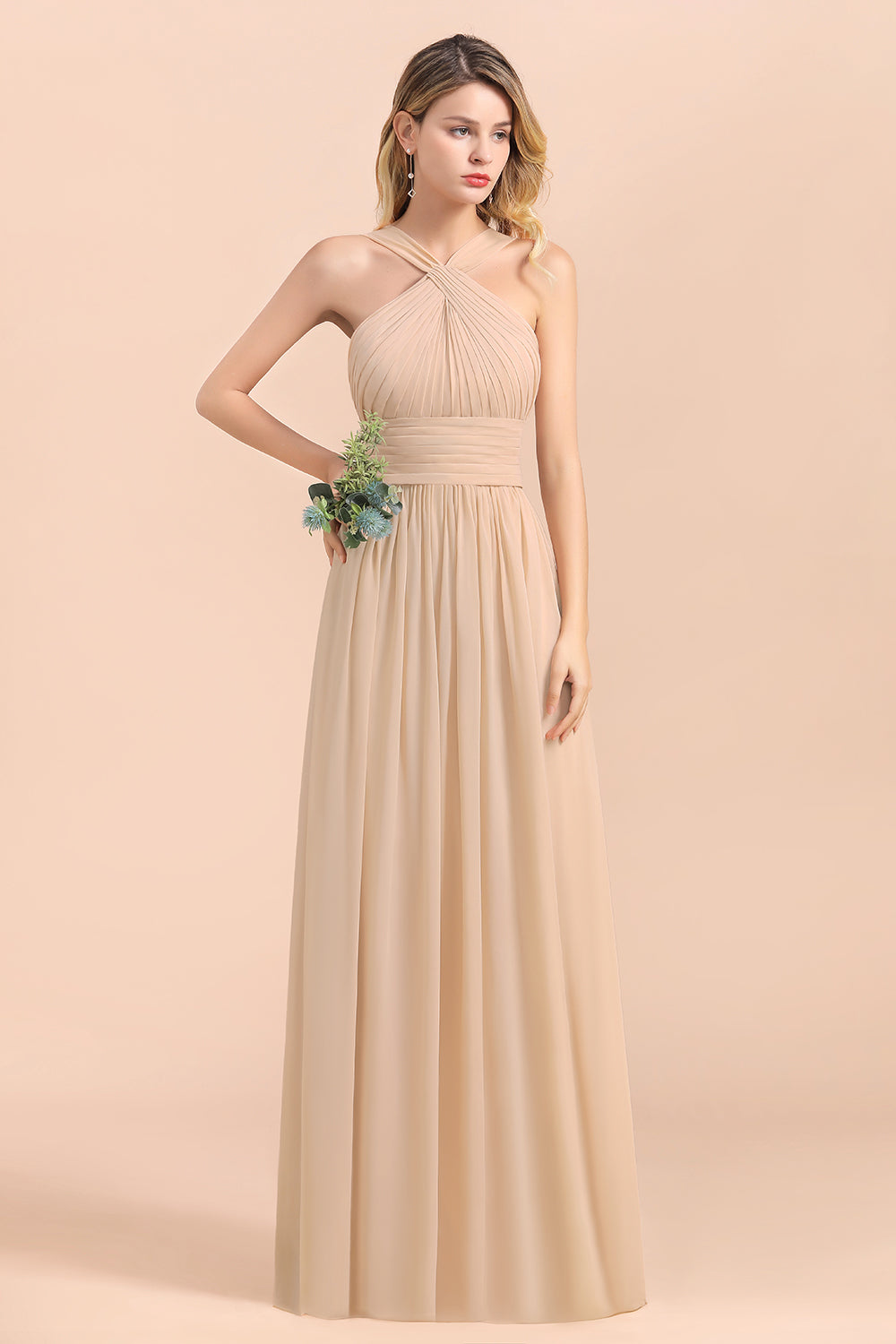Gorgeous Straps Sleeveless Champagne Chiffon Affordable Bridesmaid dresses with Ruffle - Fashionpara