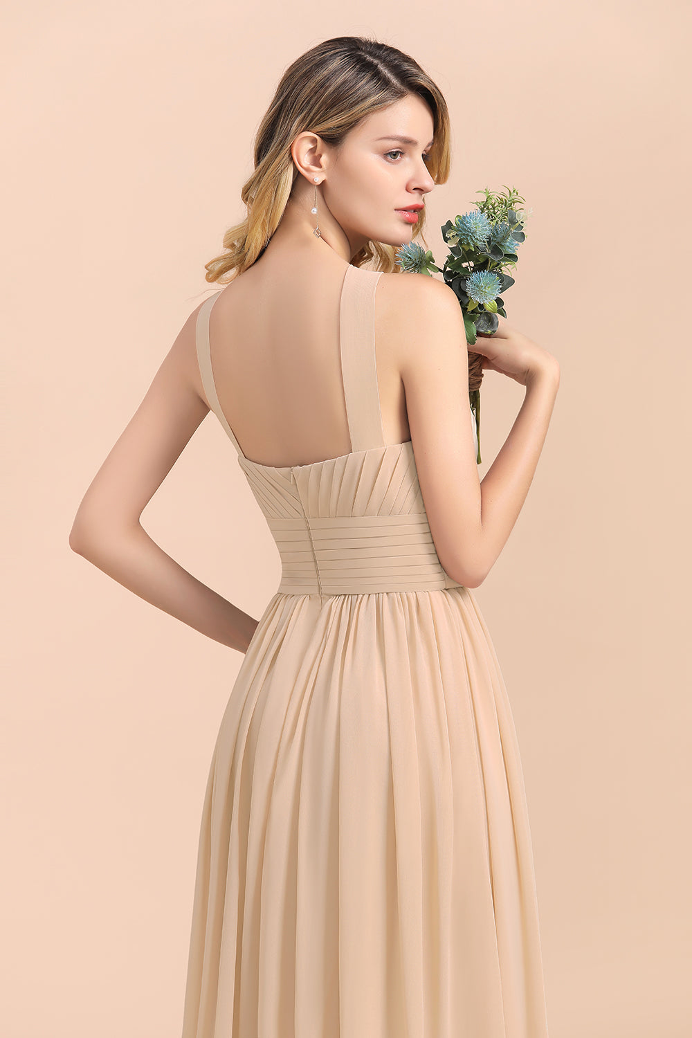Gorgeous Straps Sleeveless Champagne Chiffon Affordable Bridesmaid dresses with Ruffle - Fashionpara