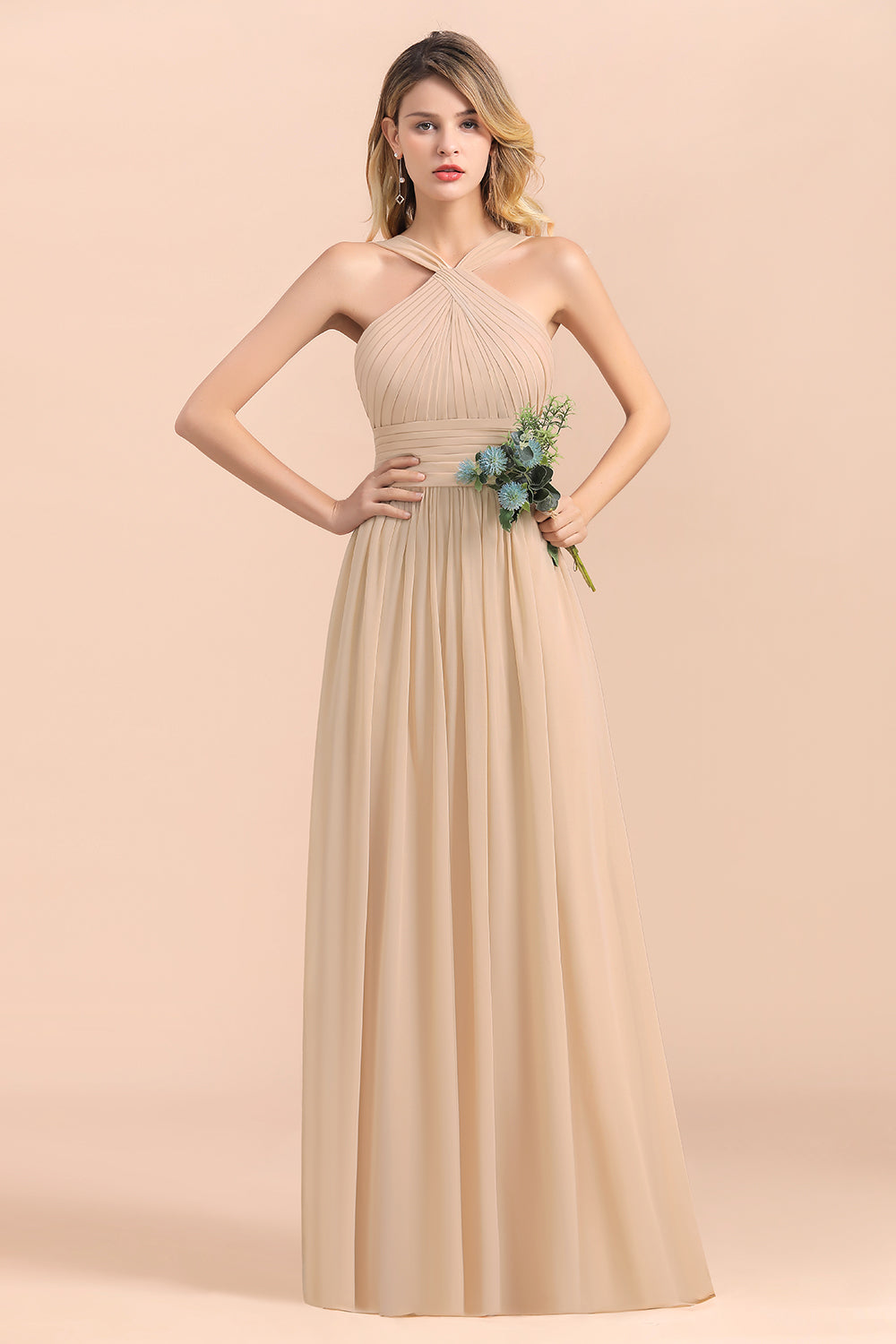 Gorgeous Straps Sleeveless Champagne Chiffon Affordable Bridesmaid dresses with Ruffle - Fashionpara