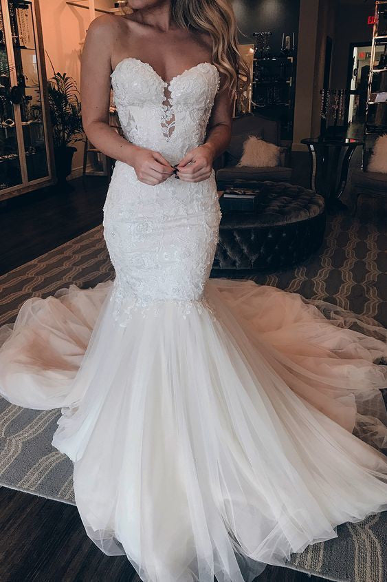 Gorgeous Sweetheart Lace Wedding Dress Mermaid Tulle Skirt - Fashionpara