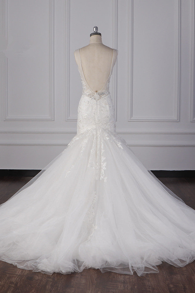 Gorgeous V-Neck Mermaid Lace Appliques Wedding Dress Sequined Sleeveless Bridal Gowns - Fashionpara