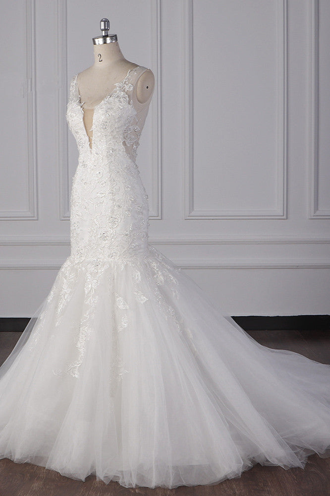Gorgeous V-Neck Mermaid Lace Appliques Wedding Dress Sequined Sleeveless Bridal Gowns - Fashionpara