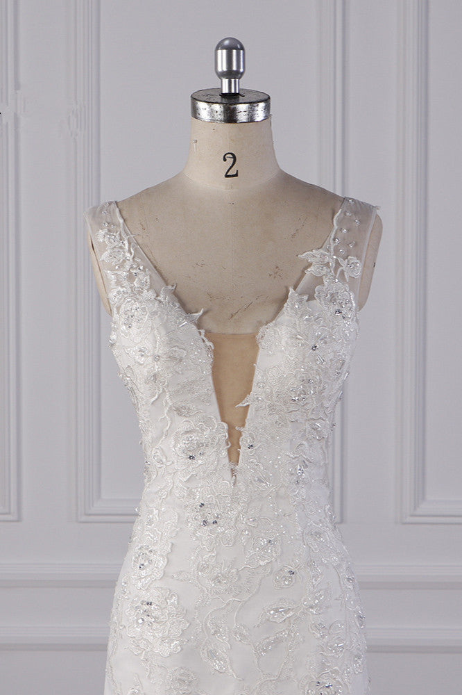 Gorgeous V-Neck Mermaid Lace Appliques Wedding Dress Sequined Sleeveless Bridal Gowns - Fashionpara