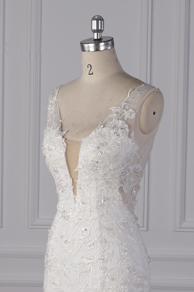 Gorgeous V-Neck Mermaid Lace Appliques Wedding Dress Sequined Sleeveless Bridal Gowns - Fashionpara