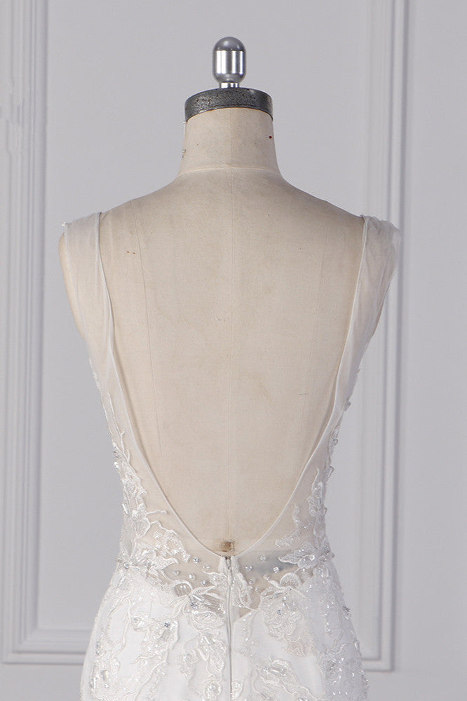 Gorgeous V-Neck Mermaid Lace Appliques Wedding Dress Sequined Sleeveless Bridal Gowns - Fashionpara