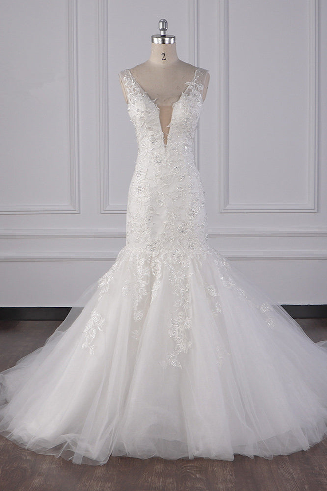 Gorgeous V-Neck Mermaid Lace Appliques Wedding Dress Sequined Sleeveless Bridal Gowns - Fashionpara