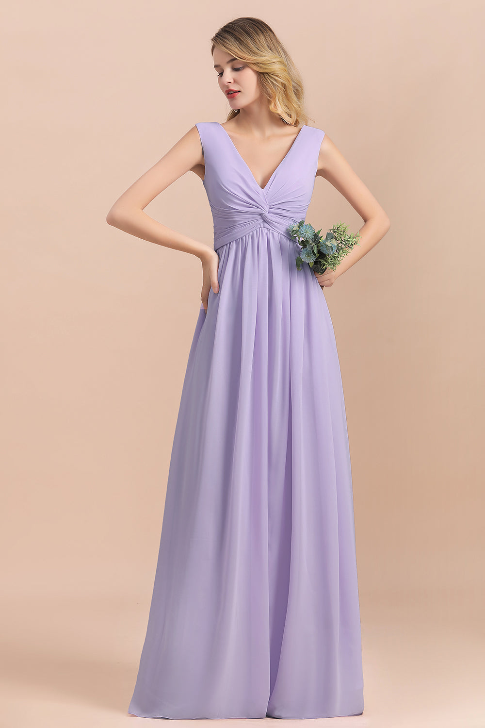 Gorgeous V-Neck Ruffle Lilac Chiffon Affordable Bridesmaid Dresses with Ruffle - Fashionpara