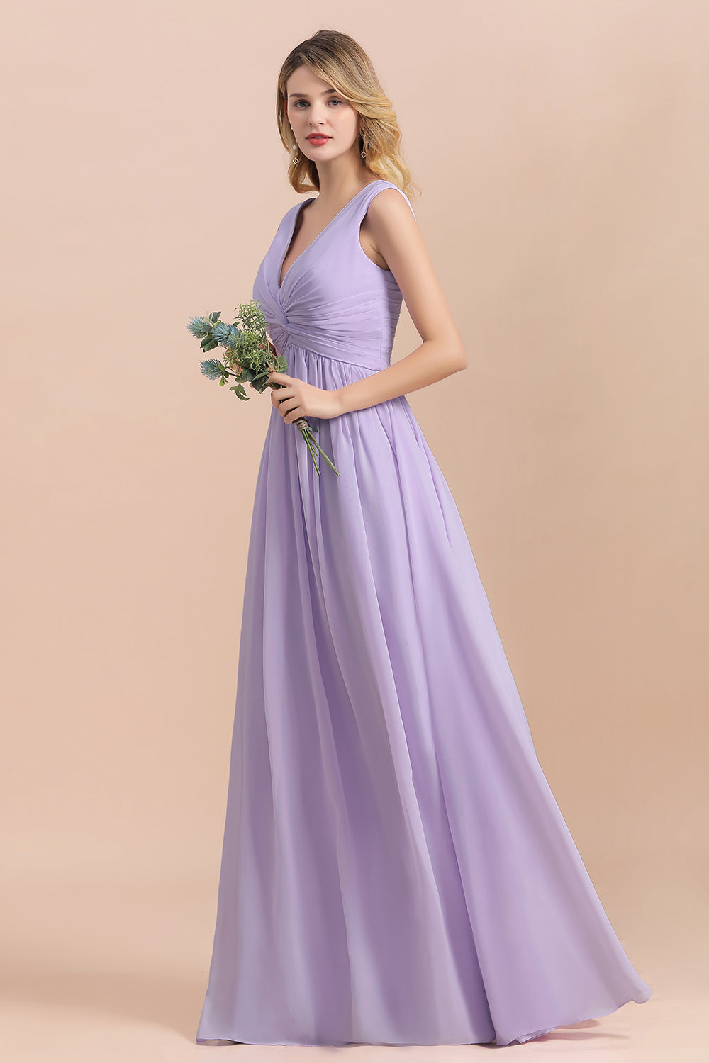 Gorgeous V-Neck Ruffle Lilac Chiffon Affordable Bridesmaid Dresses with Ruffle - Fashionpara
