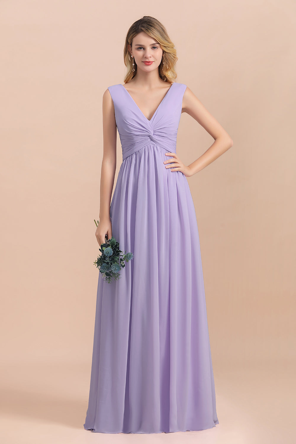 Gorgeous V-Neck Ruffle Lilac Chiffon Affordable Bridesmaid Dresses with Ruffle - Fashionpara
