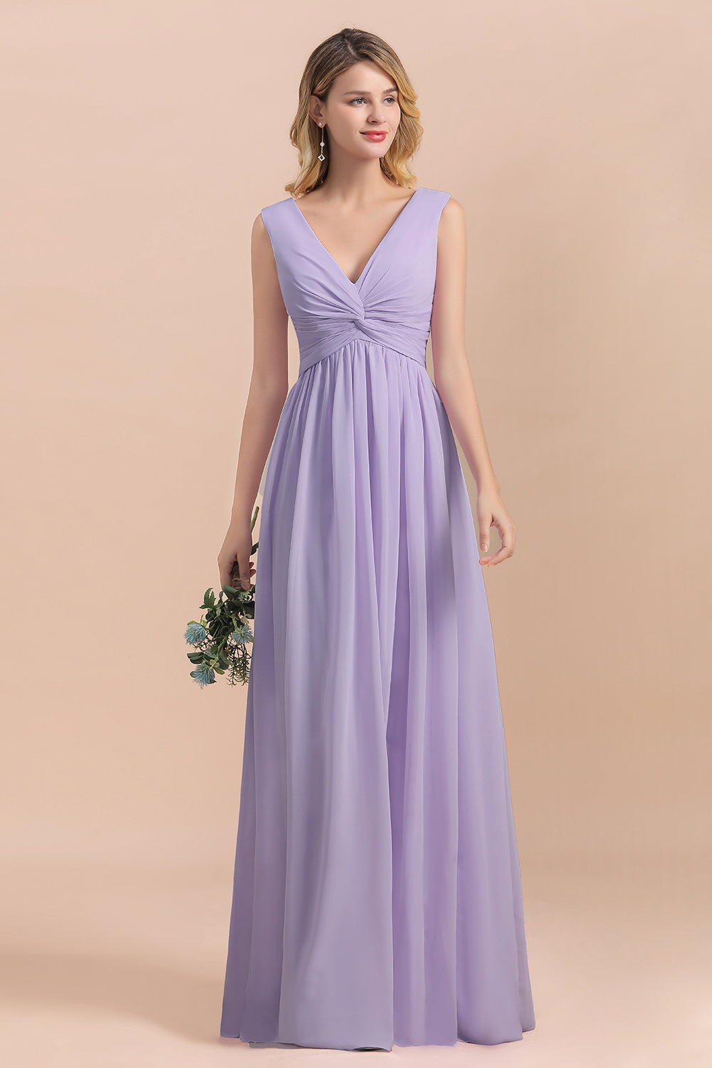 Gorgeous V-Neck Ruffle Lilac Chiffon Affordable Bridesmaid Dresses with Ruffle - Fashionpara