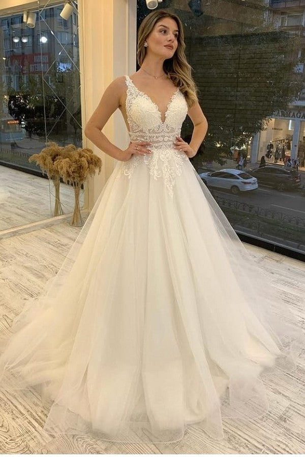 Gorgeous V-Neck Tulle Wedding Dress Sleeveless - Fashionpara