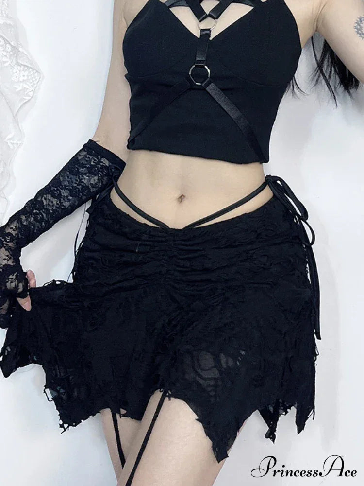 Goth Black Holes Lace-up Mini Sexy Vintage Folds Irregular Bodycon Short Women New Fashion Skirt