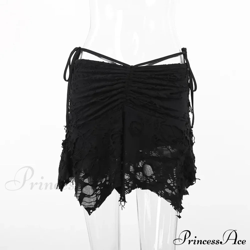 Goth Black Holes Lace-Up Mini Sexy Vintage Folds Irregular Bodycon Short Women New Fashion Skirt /