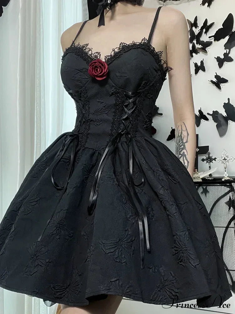 Goth Print Rose Lace Up A Line Fairy Grunge Backless V Neck Summer Party Dress