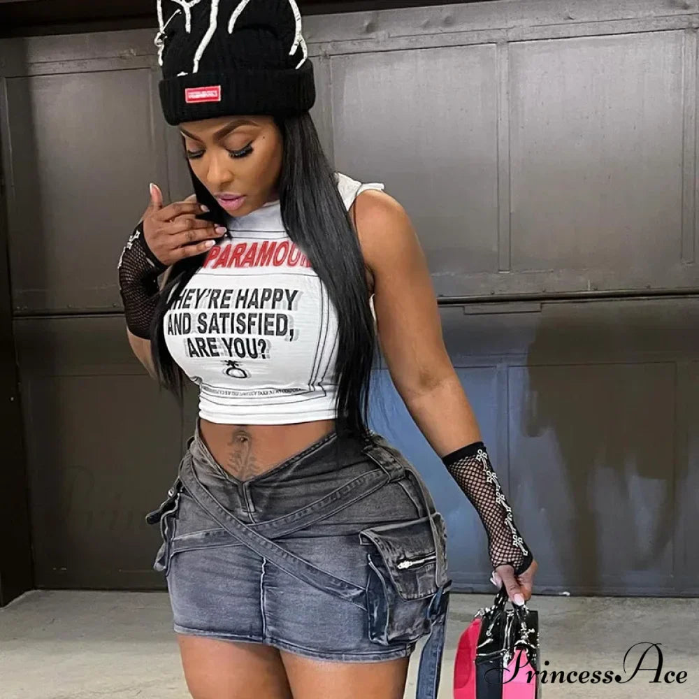 Goth Punk Patchwork Grunge Letter Print White Crop Top