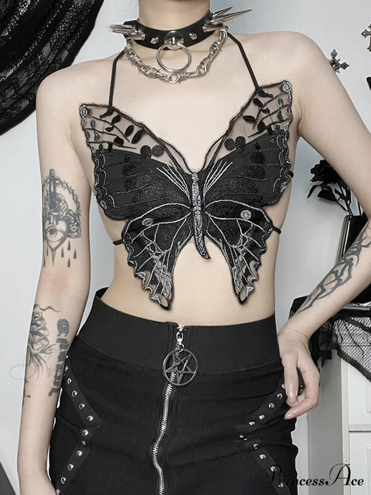 Gothic Backless Hollow Out Lace Butterfly Summer Streetwear Crop Top
