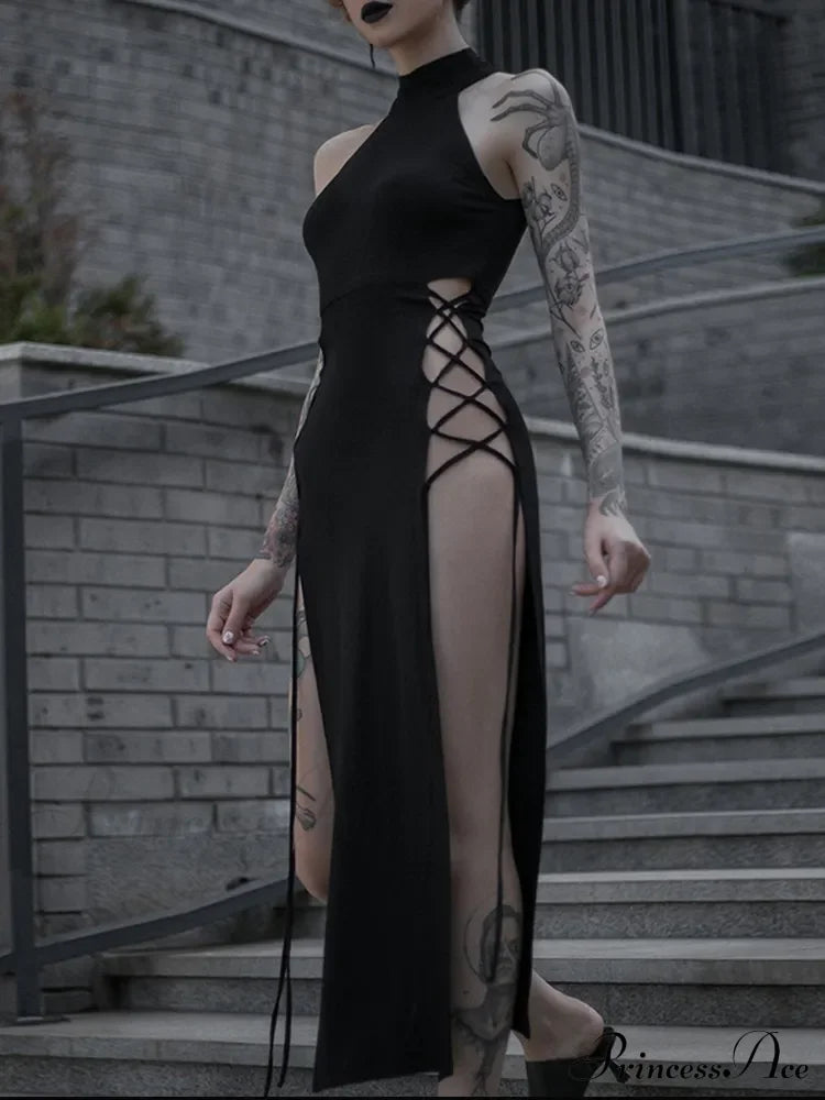 Gothic Dark High Split Sexy Bandage Halter Slim Grunge Y2K Partywear Dress