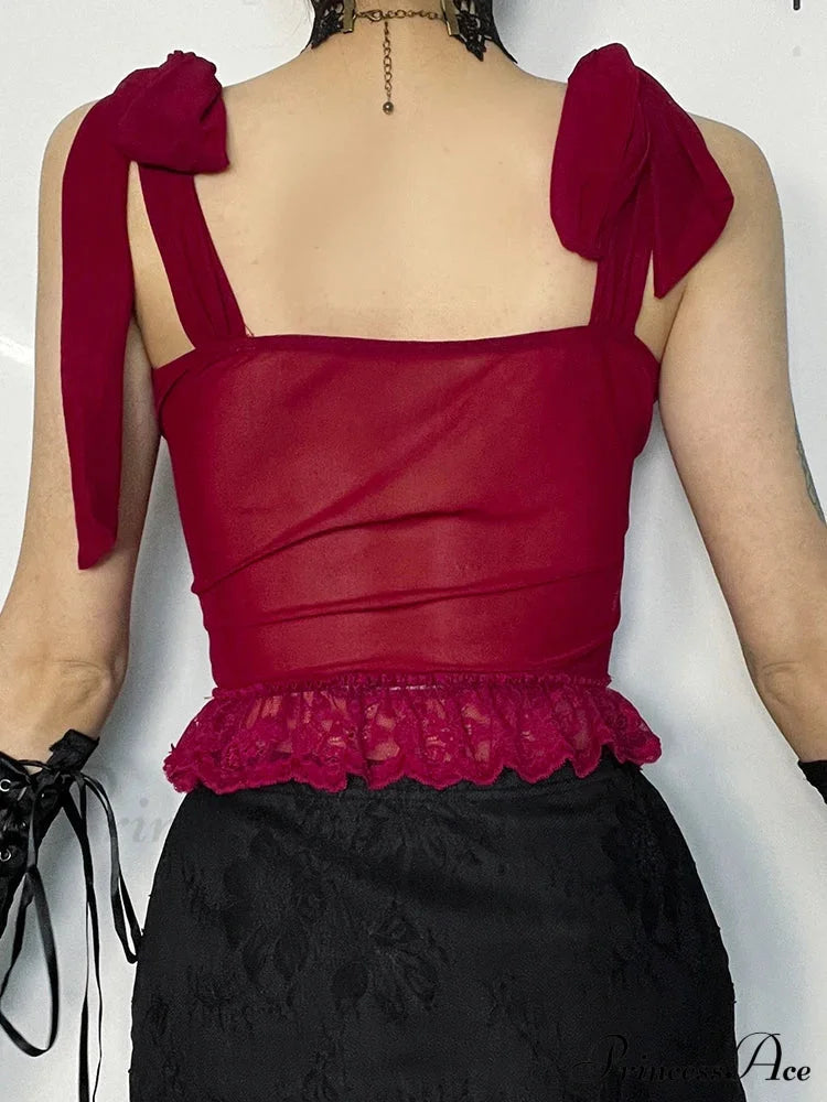 Gothic Floral Lace Mesh Corset V Neck Adjustable Strap Camisole Crop Top