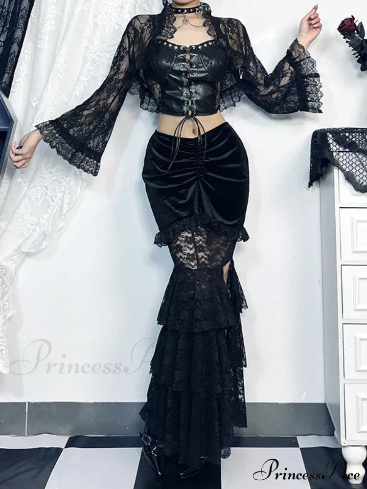 Gothic Folding Fishtail Multi-layer Splicing Split Woman Velvet High Waist Lace Patchwork Mermaid Skirt