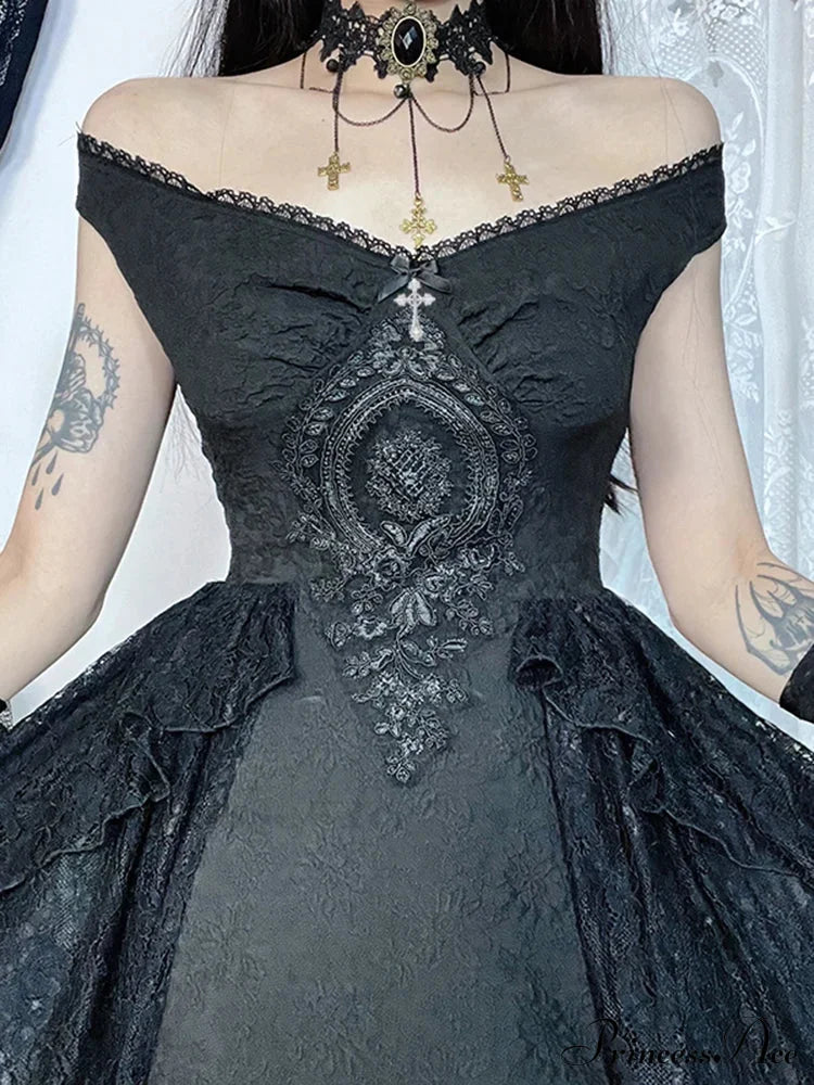 Gothic Folds Corsets A-Line Black Off Shoulder Ball Gown Women Grunge Vintage Aesthetic Harajuku
