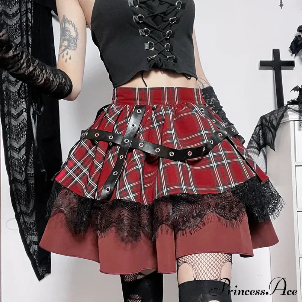 Gothic Harajuku Girls Plaid Pleated Sweet Lace Kawaii Y2k Costume Skirt