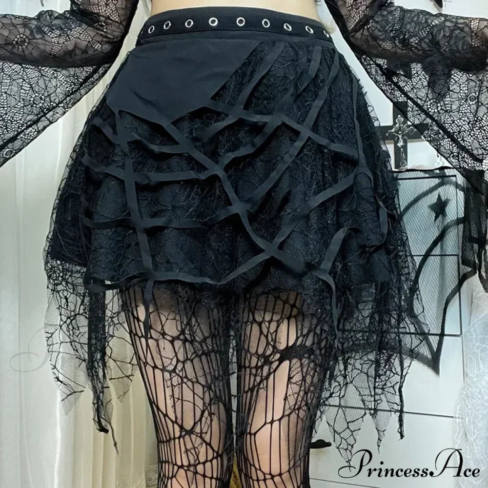 Gothic Mini Y2K Harajuku Spider Web Patchwork Lace Tassel Dark Academy Street Woman With Belt Fairy Grunge Skirt