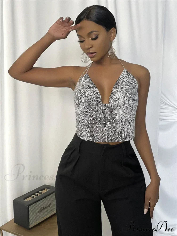 Gothic Party Club Corset Rhinestones Crop Top Snake / S Halloween