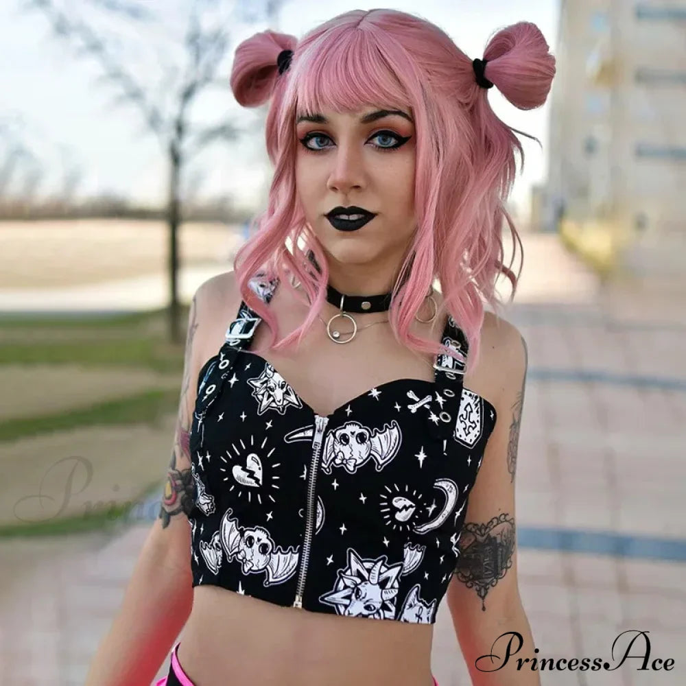 Gothic Print Sexy Backless Y2K Punk Zip Up Corset Crop Top