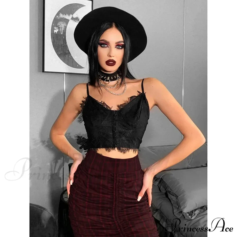 Gothic Punk Sexy Fairy Grunge V-neck Dark Lace Crop Top