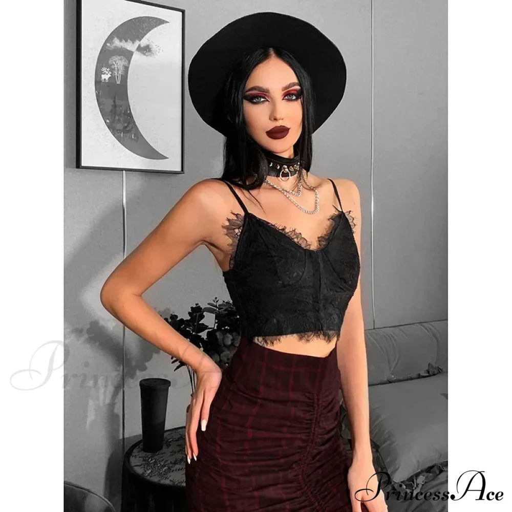Gothic Punk Sexy Fairy Grunge V-neck Dark Lace Crop Top
