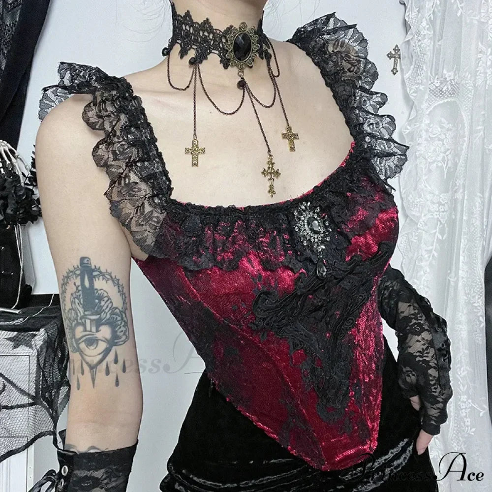 Gothic Punk Victorian Patchwork Ruched Lace Tube Bustier Crop Top