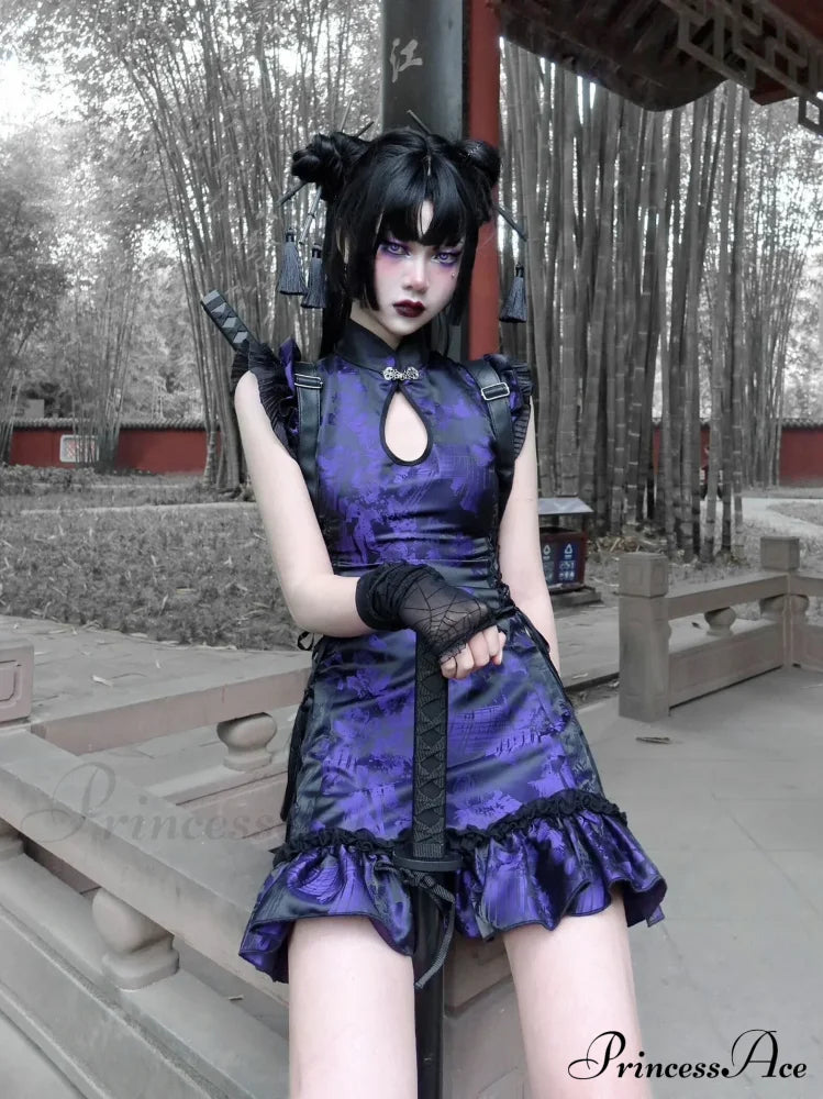 Gothic Retro Chinese Cheongsam Sleeveless Stand Collar Tassels Strap Mini Slim Sexy Punk Party Dress
