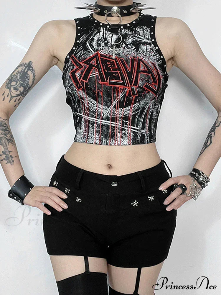 Gothic Retro Rivet Print Graphic Crop Top