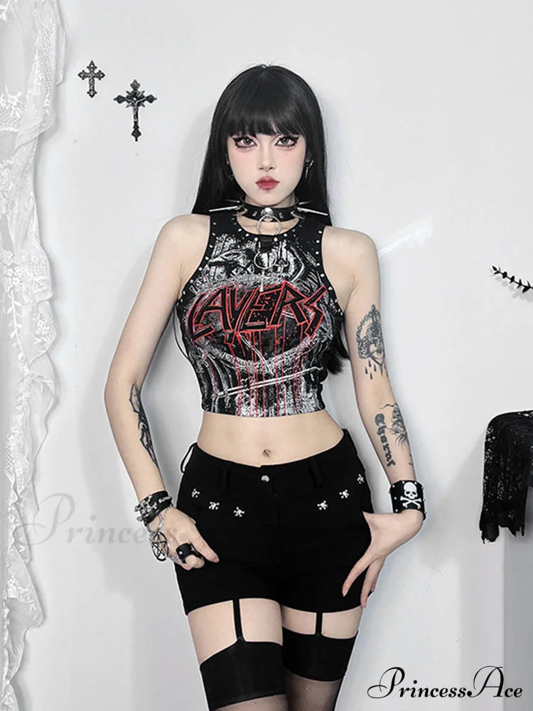Gothic Retro Rivet Print Graphic Crop Top