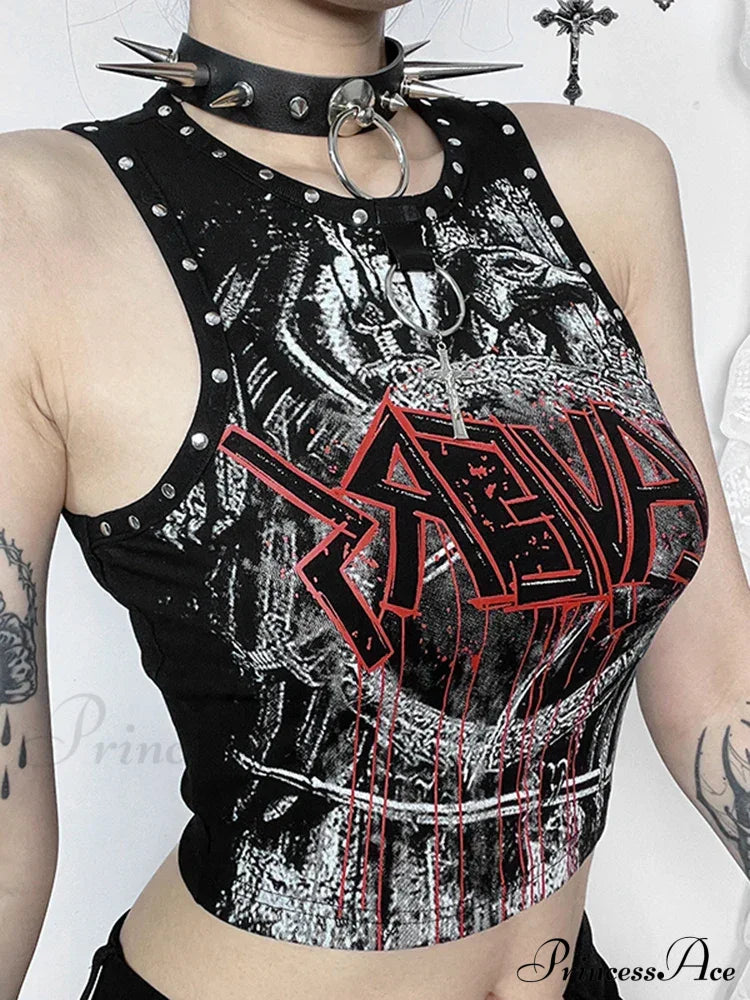 Gothic Retro Rivet Print Graphic Crop Top