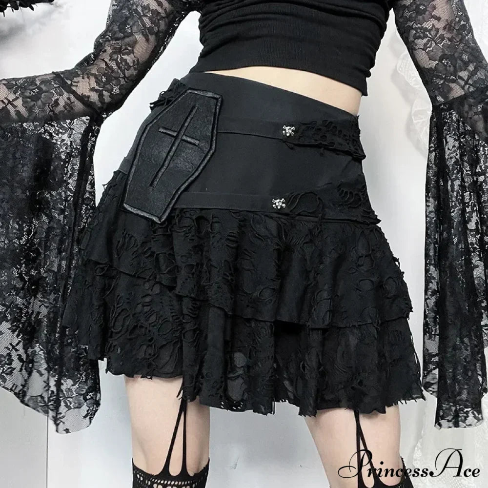 Gothic Style Sexy Lace Cake for Summer Women with Versatile Ripped Hole Fabric Skirt