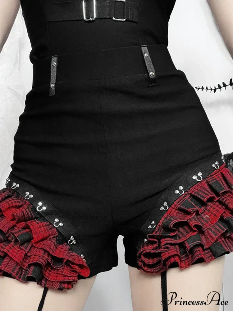Gothic Summer New Arrival Landmine Series Plaid Patchwork Shorts Spicy Girl Halter Waist-Cinch Y2K Vest Skirt
