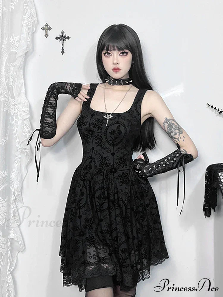 Gothic Vintage Lace Patchwork Sleeveless Draped Spaghetti Strap Bodycon Cami Dress