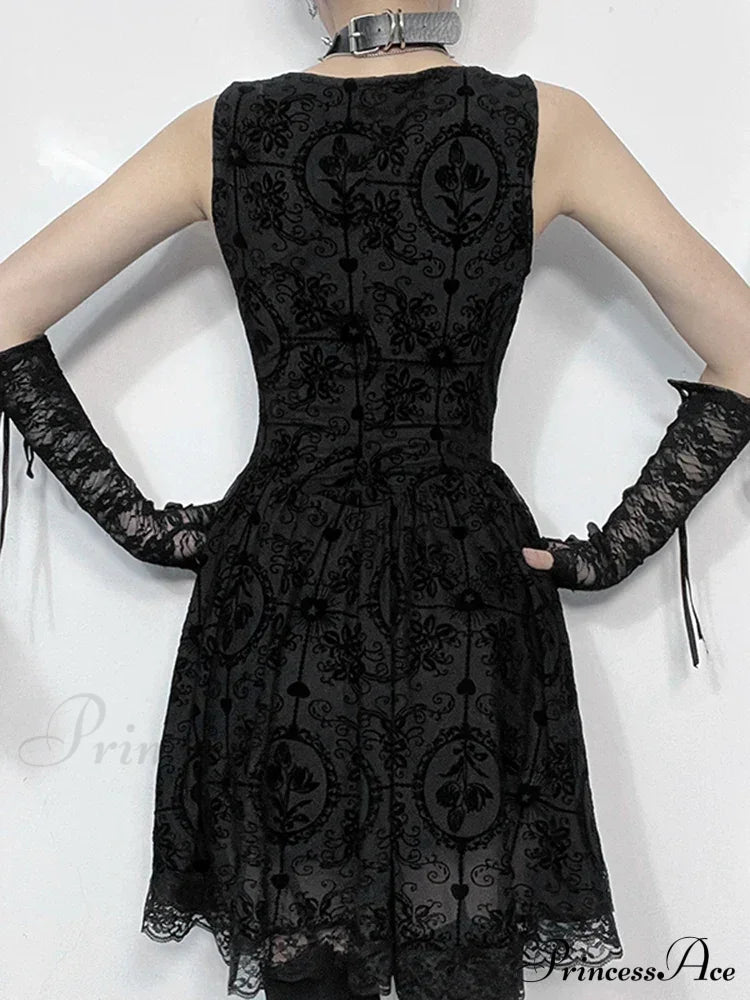 Gothic Vintage Lace Patchwork Sleeveless Draped Spaghetti Strap Bodycon Cami Dress