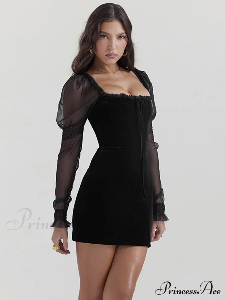 Gothic Wooden Ear Edge Wrap Hip Mesh Long Sleeve Square Neck Ruched Bodycon Mini Dress
