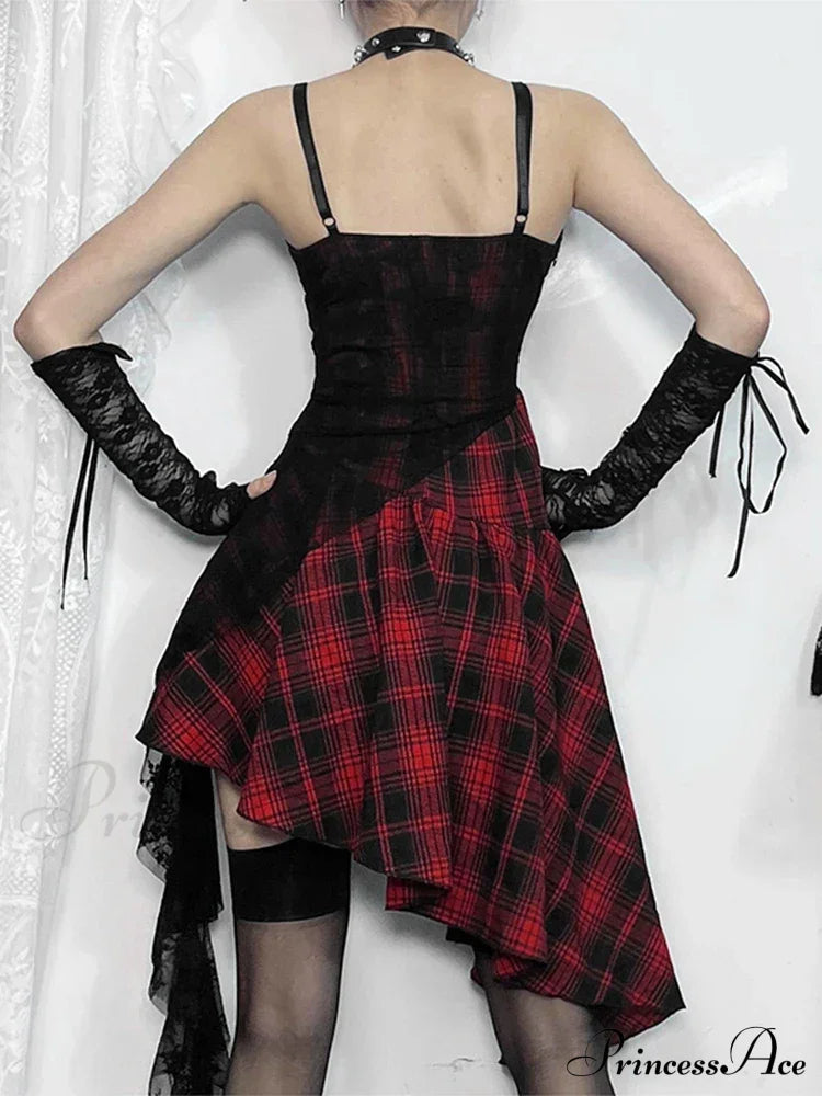 Gothic Y2K Irregular Red Plaid Lace Vintage Backless Patchwork Party Club Dress
