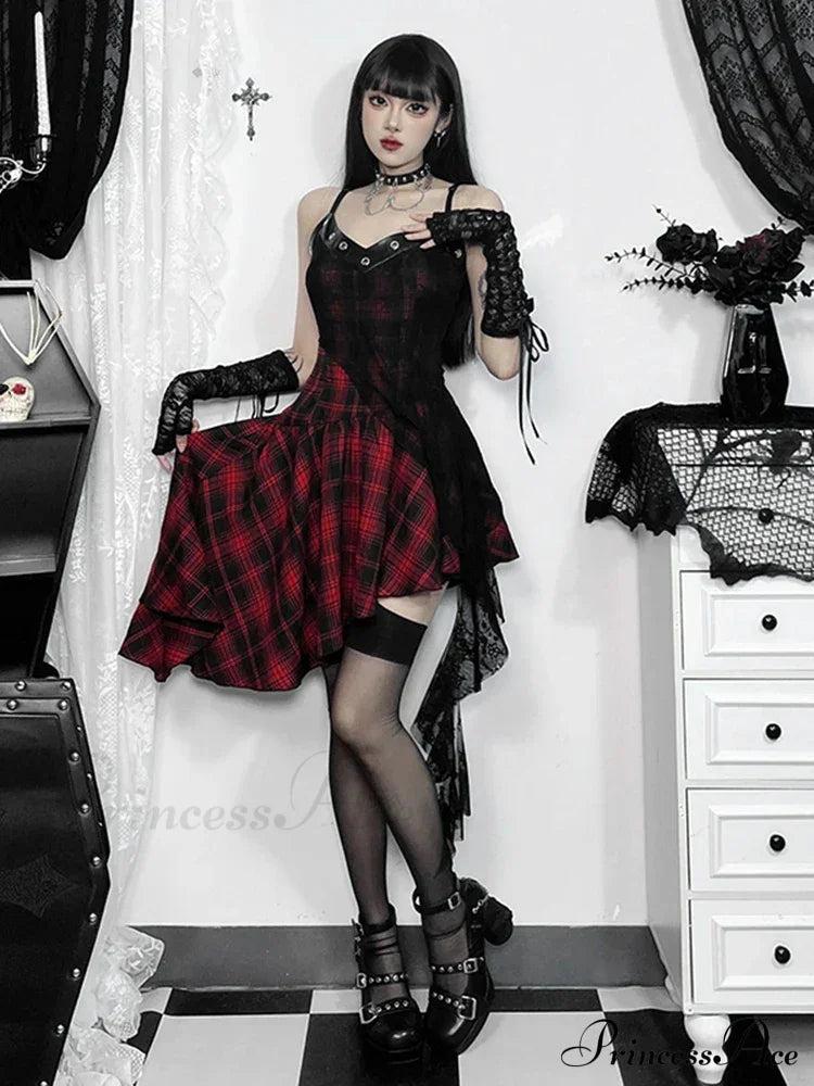Gothic Y2K Irregular Red Plaid Lace Vintage Backless Patchwork Party Club Dress / Xs Halloween