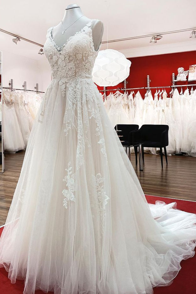 Graceful Ivory Tulle V Neck Lace Ruffles A-Line Wedding Dresses - Fashionpara