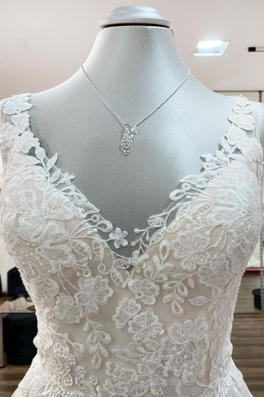 Graceful Ivory Tulle V Neck Lace Ruffles A-Line Wedding Dresses - Fashionpara