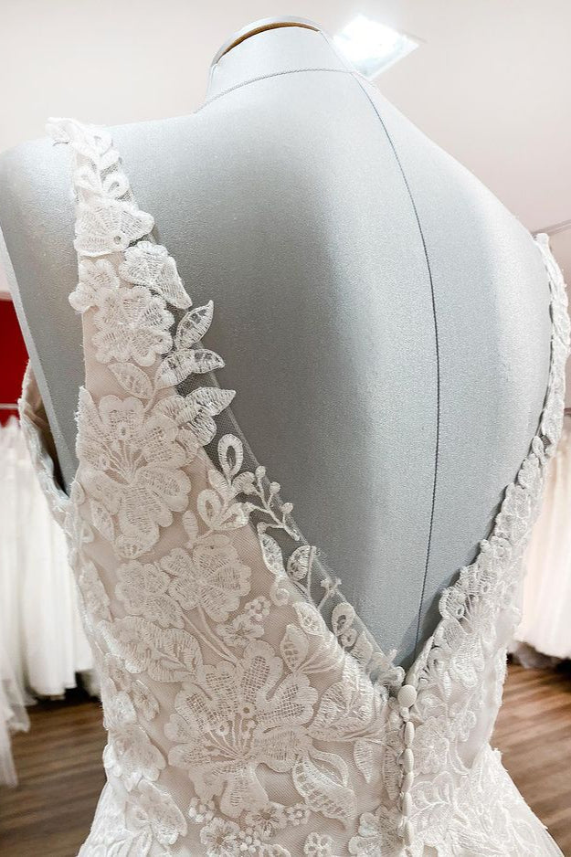 Graceful Ivory Tulle V Neck Lace Ruffles A-Line Wedding Dresses - Fashionpara