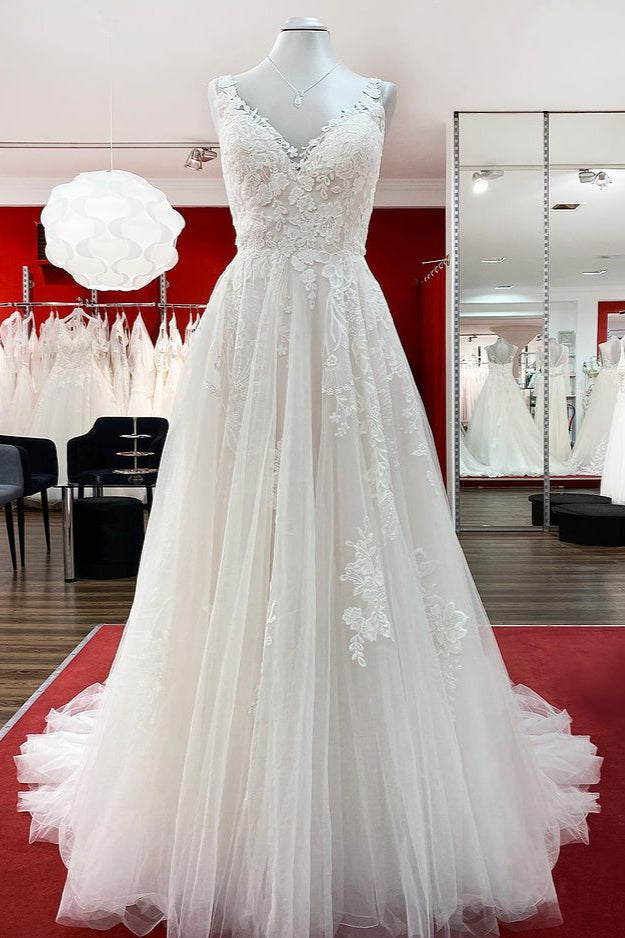 Graceful Ivory Tulle V Neck Lace Ruffles A-Line Wedding Dresses - Fashionpara