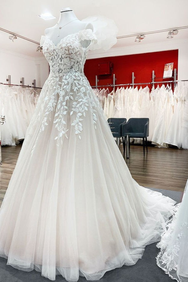Graceful Off The Shoulder Tulle Lace Ruffles A-Line Wedding Dresses - Fashionpara