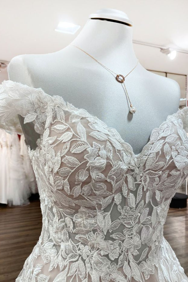 Graceful Off The Shoulder Tulle Lace Ruffles A-Line Wedding Dresses - Fashionpara