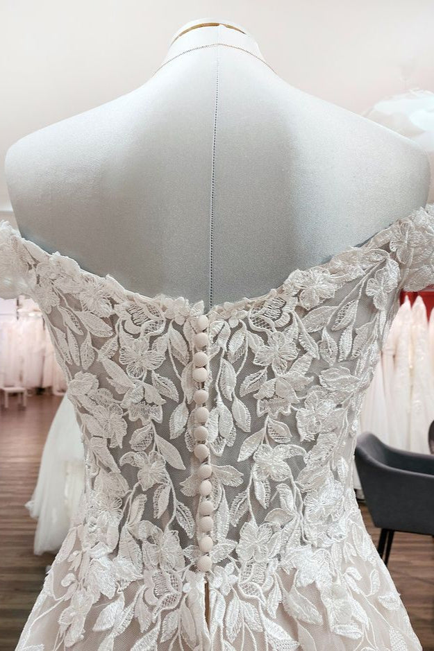 Graceful Off The Shoulder Tulle Lace Ruffles A-Line Wedding Dresses - Fashionpara